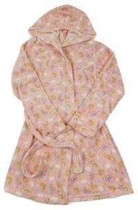 Broskvový chlupatý župan s duhami s kapucí 