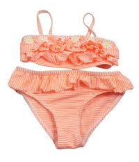 Neónově oranžovo-biele pruhované krepové dvoudílné plavky s kvetmi a volánikmi PRIMARK