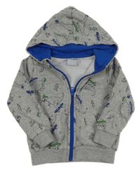 Sivá melírovaná prepínaci mikina s dinosaurami a kapucňou POCOPIANO