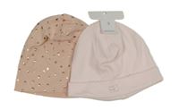 Nové - 2x - Čepice - pudrová puntíkatá H&M, světlerůžová s medvídkem a zajíčkem ACCESSORIES