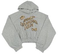 Sivá melírovaná crop mikina s nápismi a vážkami a kapucňou H&M