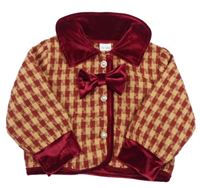 Karamelovo-tmavočervená kostkovaná/vzorovaná crop bunda s mašlou a golierikom