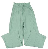 Mentolové rebrované vzorované paper bag široké crop nohavice s mašlou