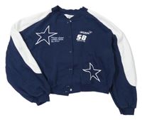 Tmavomodro-biela baseballová crop mikina s číslom a nápismi a hviezdami H&M