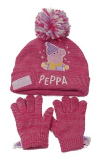 2Set - Růžová melírovaná čepice s Peppa Pig a třpytkami a bambuli + prstové rukavice 