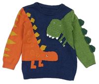 Tmavomodro-oranžovo-zelený sveter s dinosaurami Nutmeg