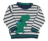 Bielo-tmavomodrý pruhovaný sveter s dinosaurom Nutmeg