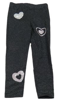 Čierno-strieborné pruhované legíny so srdíčky z flitrů Kiki&Koko