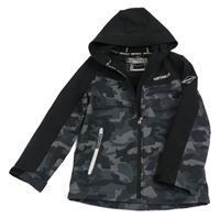 Černo-tmavošedá softshellová bunda se vzorem a kapucí C&A