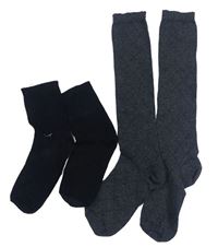 2 set - černé ponožky + šedé vzorované podkolenky