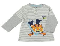 Šedo-bílé pruhované triko s kočkou Ergee