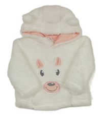 Biela chlpatá mikina s medvěďom a kapucňou Ergee