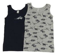 2x nátělník - tmavomodrý + šedý s dinosaury Yigga