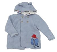 Světlemodrý pletený kabátek s Paddingtonem a podšitou kapucí zn.tu