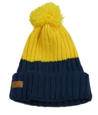 Tmavomodro-žlutá žebrovaná čepice s bambulí 