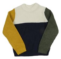 Bílo-hořčicovo-tmavomodro-khaki svetr Primark