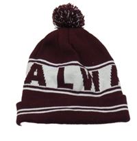 Vínovo-bílá čepice s nápisem a bambulí 