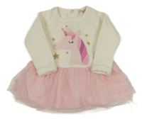 Bílo-růžové teplákové šaty s jednorožcem a tylovou sukní 