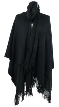 Dámský černý svetrový cardigán s třásněmi a šálou 