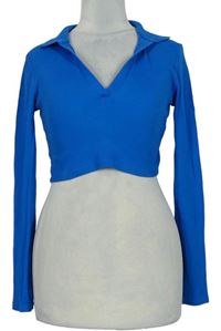 Dámske modré rebrované crop tričko s golierikom Zara