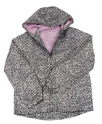Sivá šušťáková jarná bunda s leopardím vzorom a kapucňou Tu