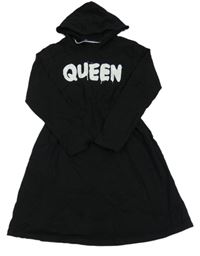 Černé teplákové šaty s nápisem a kapucí 