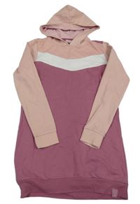 Růžovo-bílo-vínové teplákové šaty s kapucí