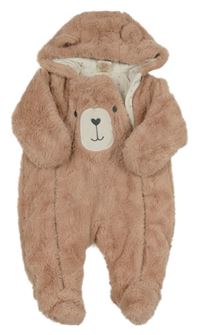 Světlerůžová kožešinová zateplená kombinéza s medvědem a kapucí