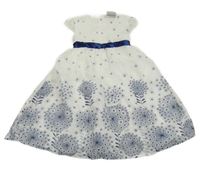 Bielo-modré spoločenské šaty s kvietkami a stuhou v pase