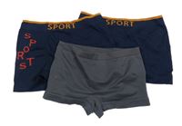 3 set - 2 x tmavomodré elastciké boxerky s barevnými nápisy + šedé nohavičkové elastické kalhotky