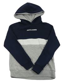 Tmavomodro-bílo-šedá mikina s logem a kapucí Jack & Jones