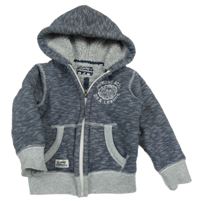 Tmavomodro-bílo-šedá pruhovaná melírovaná propínací zateplená mikina s nápisy a kapucí C&A