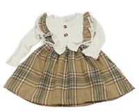 Bílo-hnědé šaty s kostkovanou sukní a volánky