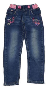 Modré rifle s výšivkami a úpletovým pasem