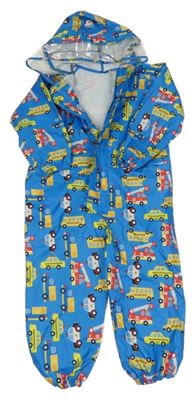 Modrá šusťáková lehká kombinéza s auty a kapucí 