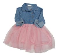 Modro-růžové riflovo/tylové šaty se srdíčky