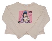 Pudrové crop tričko s dívkou a psíkom H&M