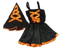 Kockovaným - Čierno-oranžové sametovo/saténové halloweenské šaty + klobúk