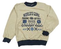 Béžovo-tmavomodrá froté mikina s nápisom