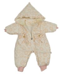 Bílo-růžová šusťáková zimní kombinéza s kytičkami a kapucí