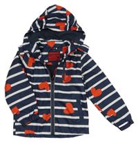 Tmavomodro-bílá pruhovaná šusťáková jarní bunda se srdíčky a odepínací kapucí Pocopiano