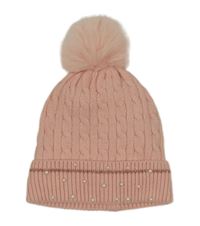 Světlerůžová vzorovaná pletená podšitá čepice s korálky 