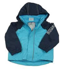 Azurovo-tmavomodrá šušťáková jarná bunda s nápisom a kapucňou zn. Topomini