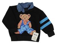 Nové - čierna mikina s medvedíkom a modrymi pruhmi a všitou košilí