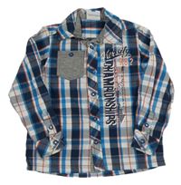 Bílo-tmavomodro-modro-červená kostkovaná košile s nápisy a číslem Topolino