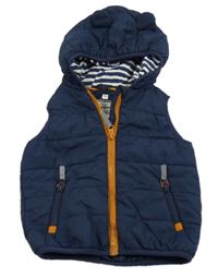 Tmavomodrá prešívaná šušťáková zateplen vesta s kapucňou s uškami Topomini