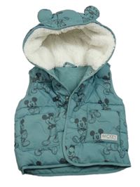 Olivovošedá prešívaná šušťáková zateplená vesta s Mickey a kapucňou George