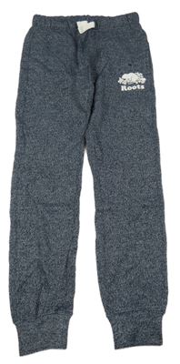 Tmavomodré melírované pletené tepláky s logem roots