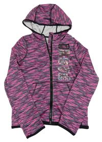 Růžovo-šedo-černá melírovaná funkční sportovní propínací mikina s nápisy a kapucí ERGEENOMIXX