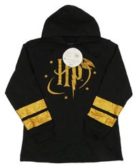 Nové - černá mikina se zlatým logem - Harry Potter a pruhy a kapucí 